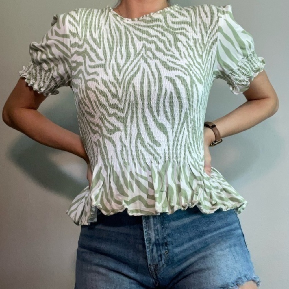 THML Green Zebra Smocked Peplum Blouse